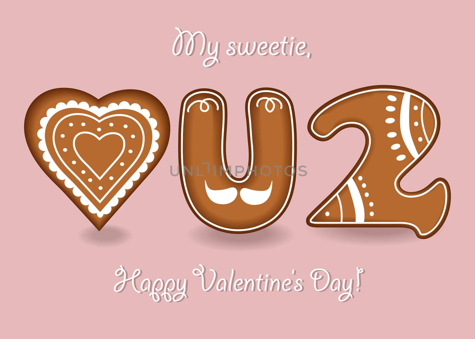 Love you too. Gingerbreads letter U, number 2 and heart with white cream decor. My sweetie, Happy Valentines Day. Illustration