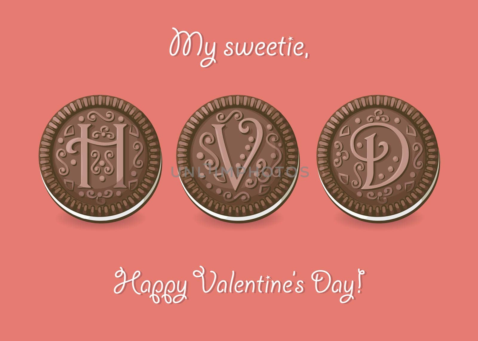 Happy Valentine Day. Chocolate cookies with graceful decor. My sweetie, Happy Valentines Day. Illustration