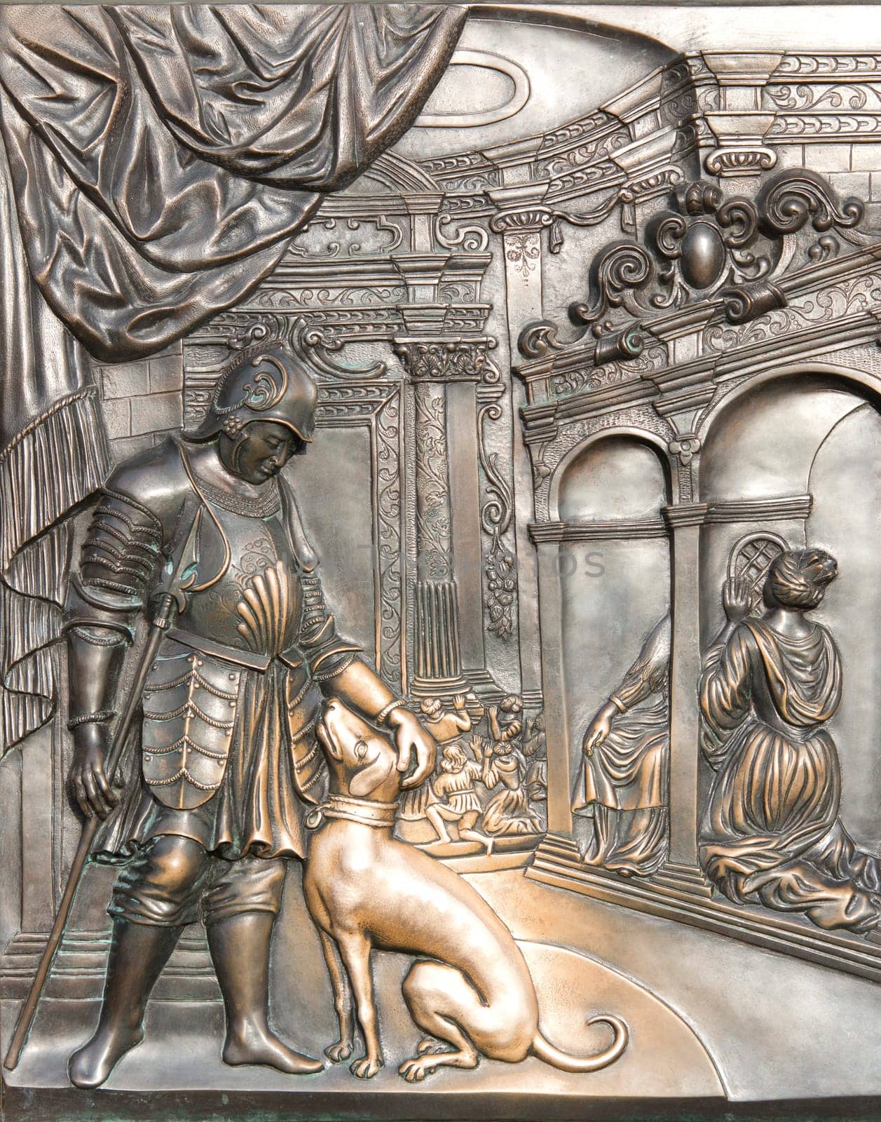 Bronze relief on the base of the statue of John Nepomuk on Charles Bridge - scene from the life of St. John of Nepomuk