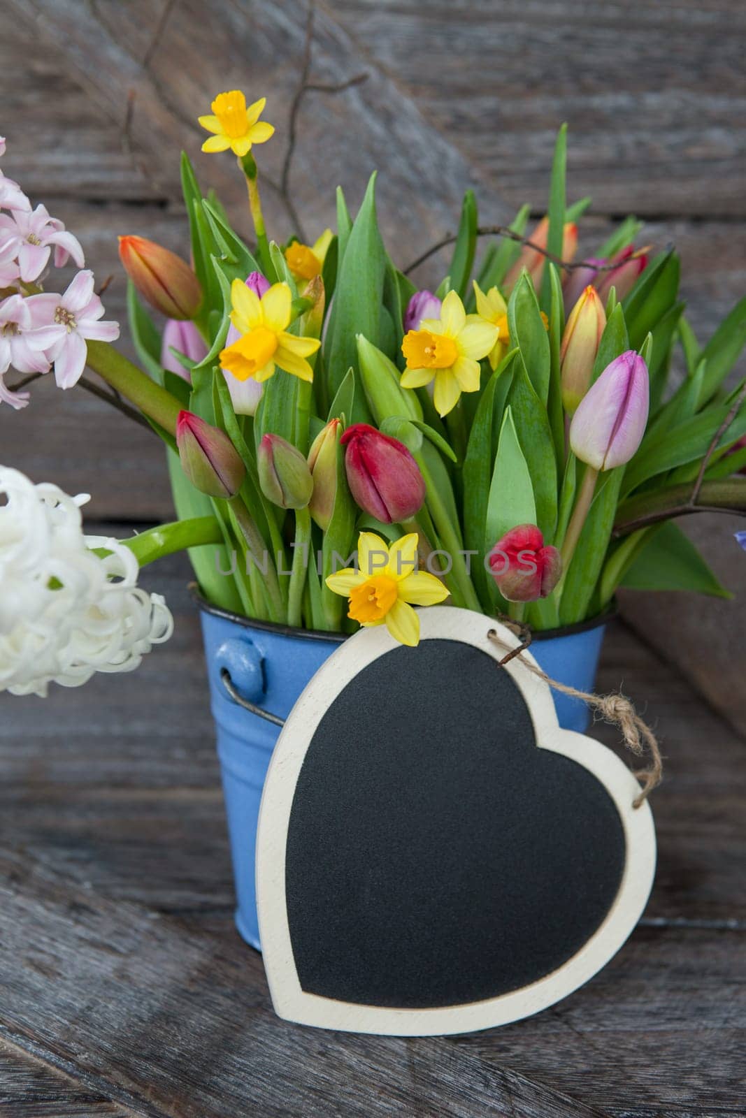 Colorful spring flowers in blue bucket on rustic wood background