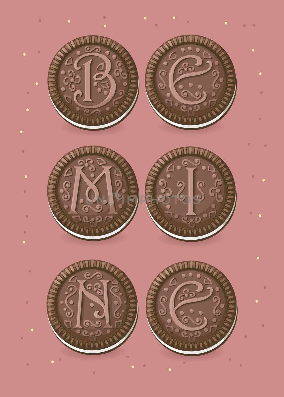 Be mine. Chocolate cookies with graceful decor. Colorful frame of spray.  Illustration