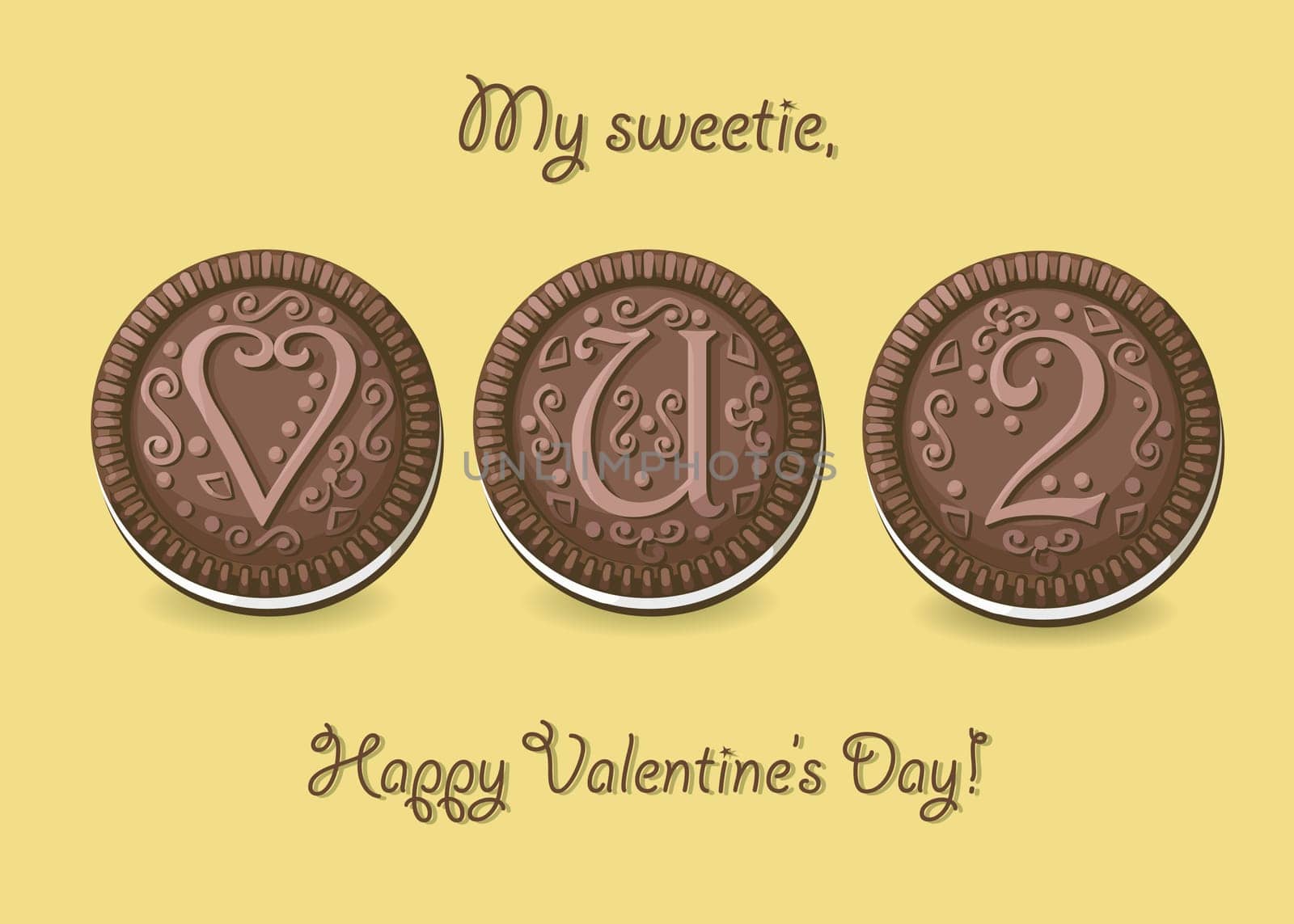 Love you too. Chocolate cookies with graceful decor. Heart, letter U and number 2. My sweetie, Happy Valentines Day. Illustration