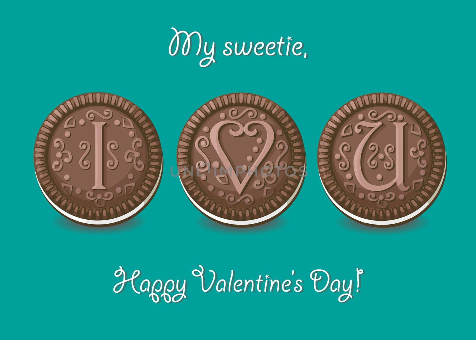 I love you. Chocolate cookies with graceful decor. My sweetie, Happy Valentines Day.  Illustration