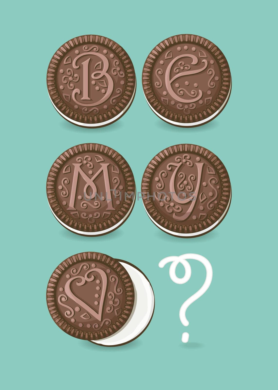 Be my Valentine. Chocolate cookies with graceful decor. Question mark by white cream.  Illustration