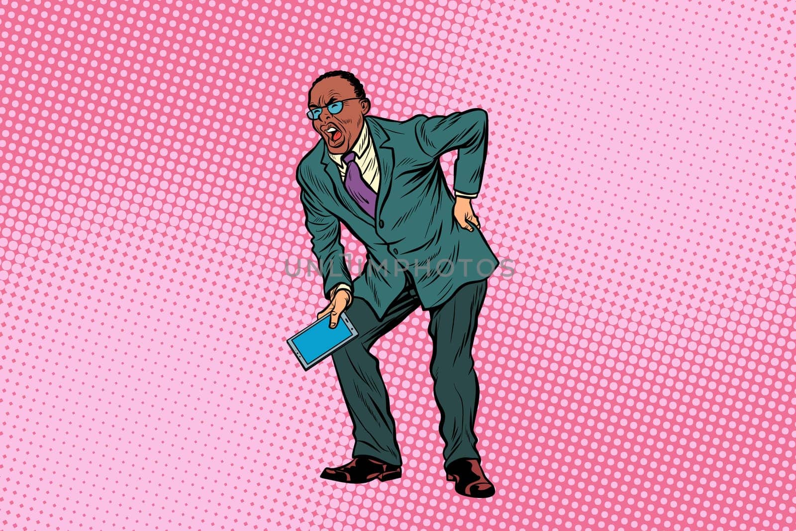Male back pain. medicine and health. African American people. Pop art retro vector illustration