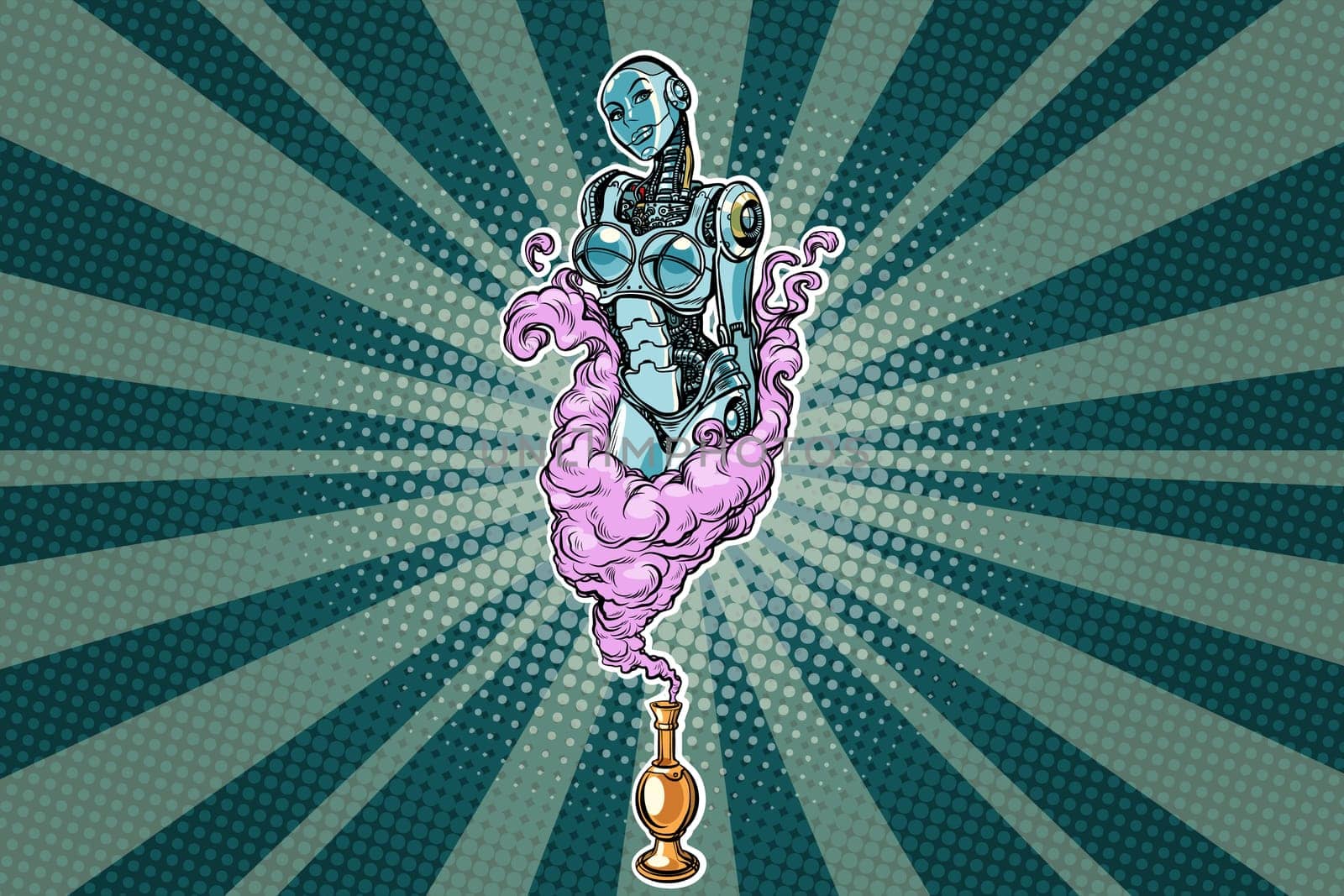 Female robot the Genie of the lamp. Pop art retro vector illustration