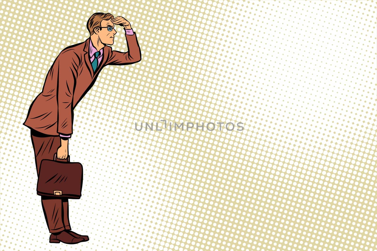Businessman looking forward, watch. Pop art retro vector illustration