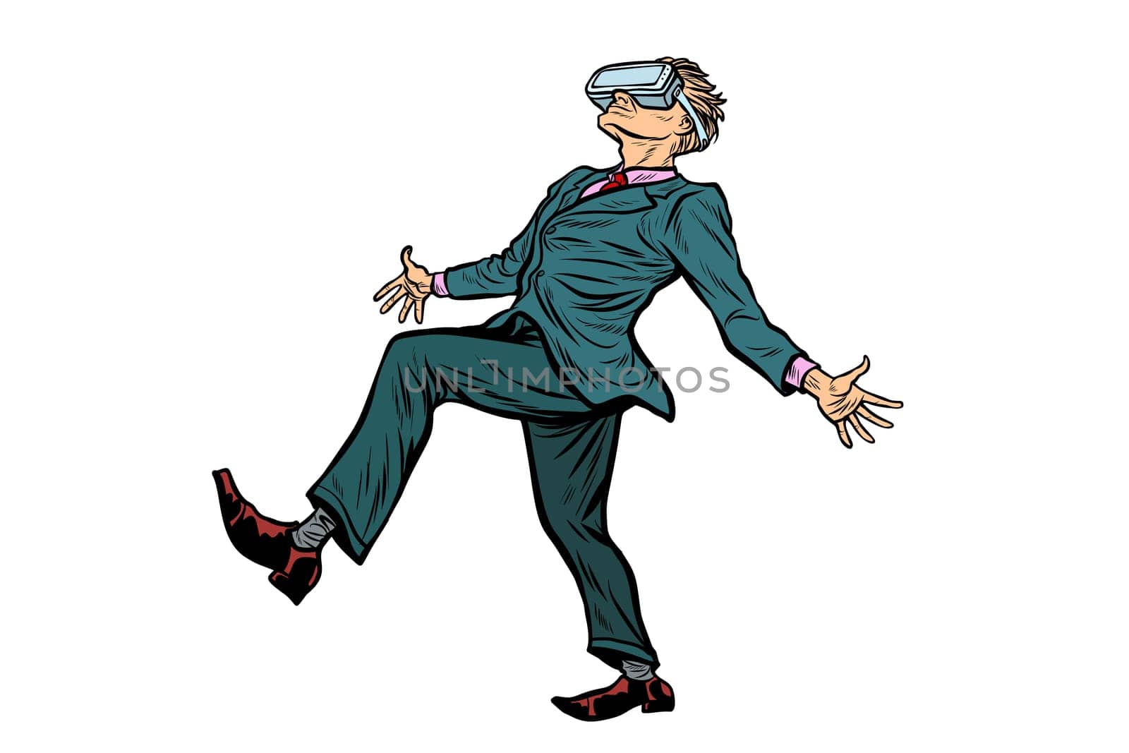 man playing virtual reality VR glasses. Isolated on white background. Pop art retro vector illustration
