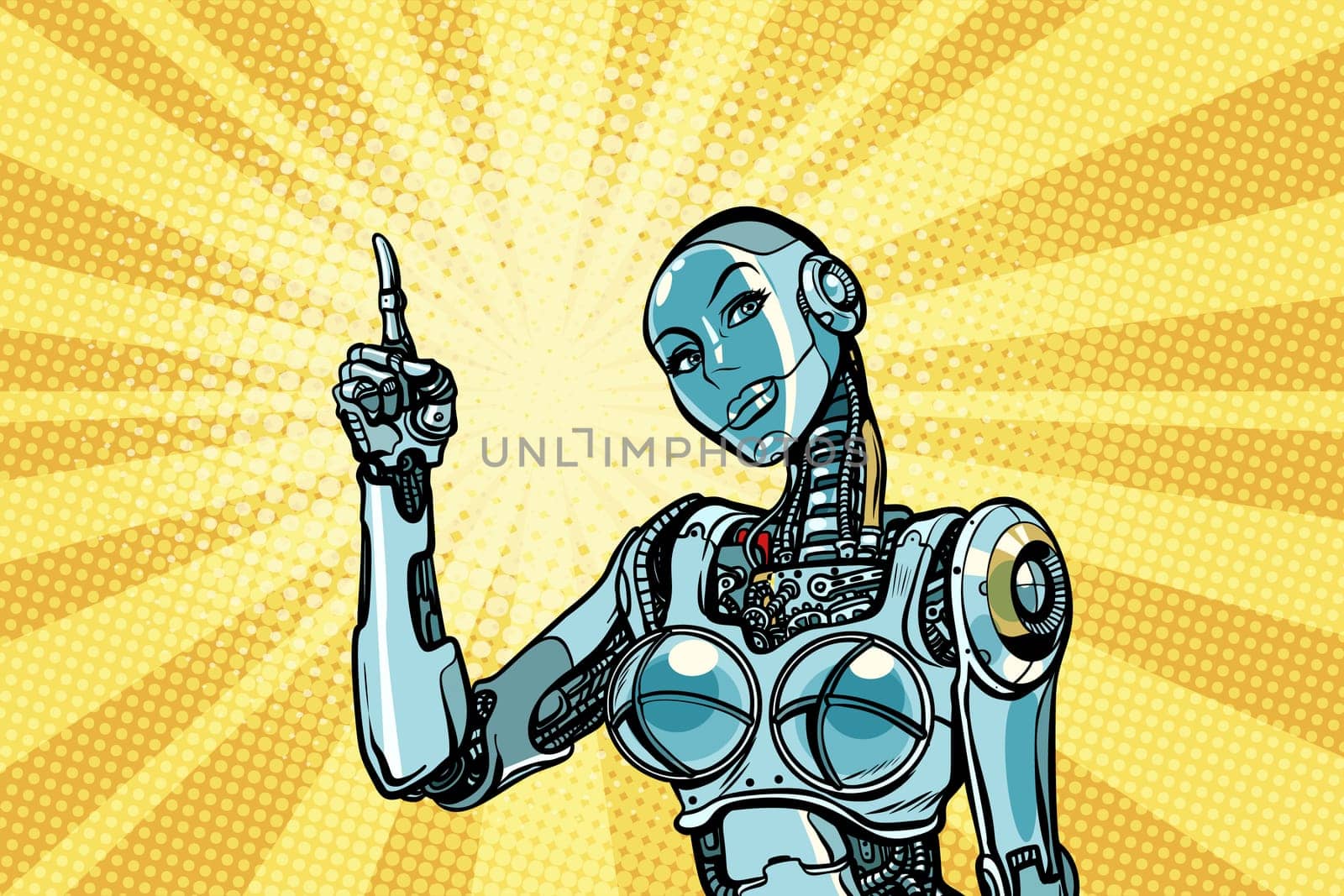 Beautiful woman robot indicates. Pop art retro vector illustration