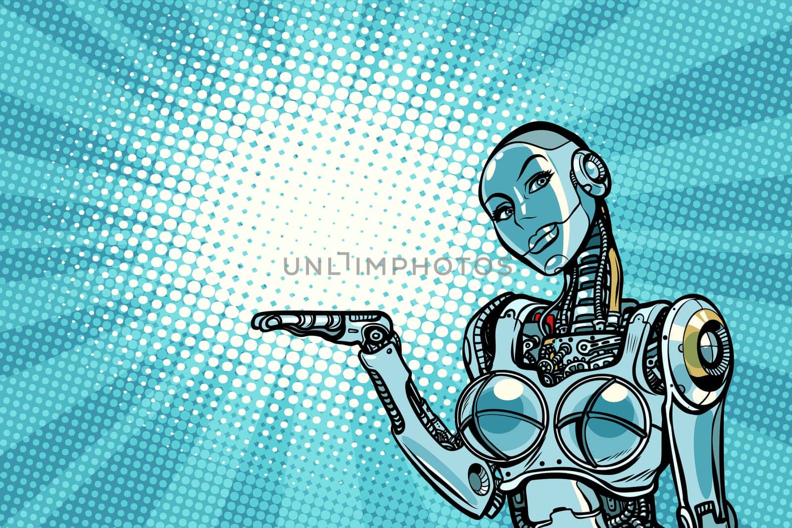 Beautiful woman robot presents. Pop art retro vector illustration