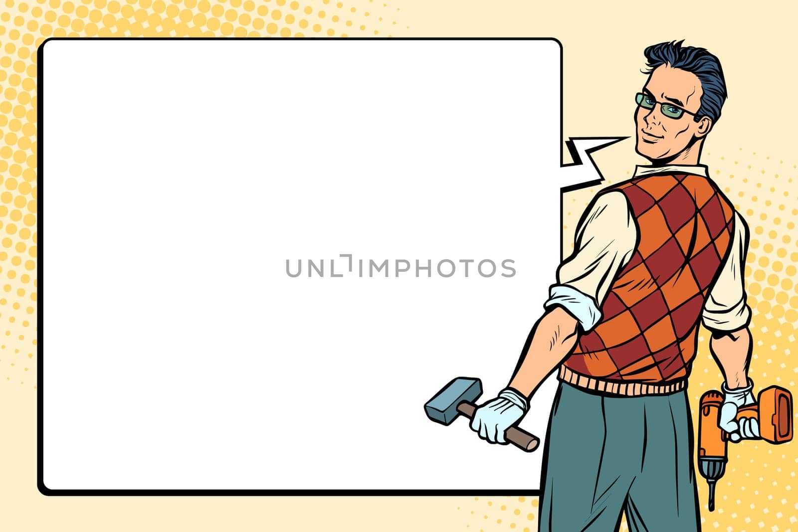 repairman, carpenter and comic bubble. Pop art retro vector illustration.