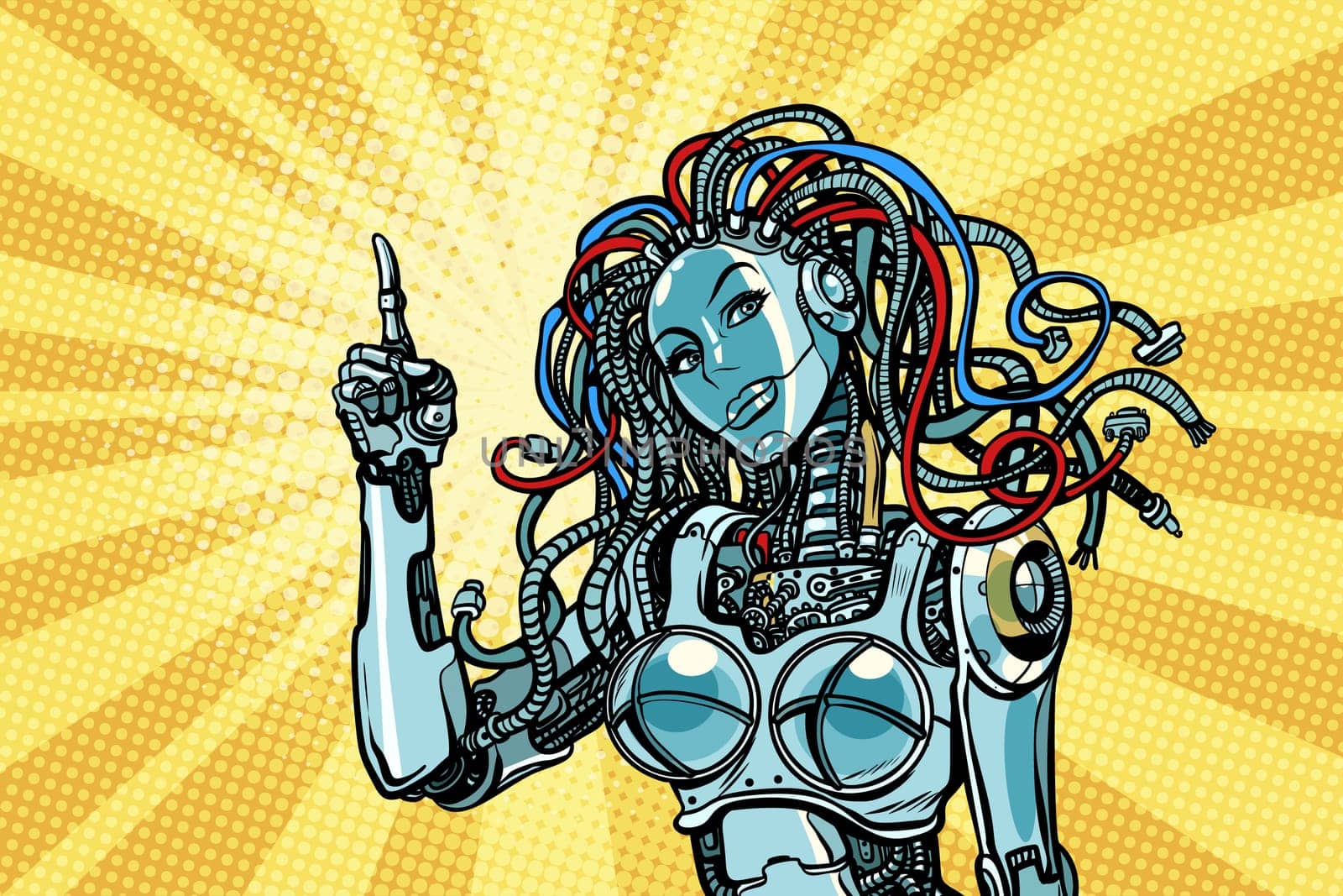 female robot indicates. Pop art retro vector illustration