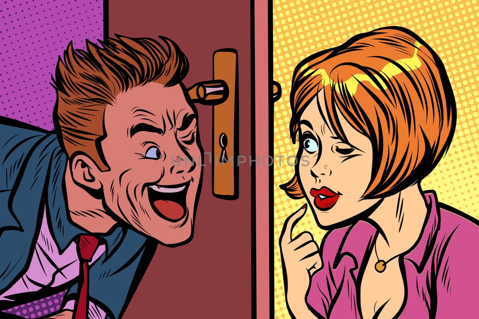 Man and woman spy on each other through the keyhole. Pop art retro comic book vector illustration