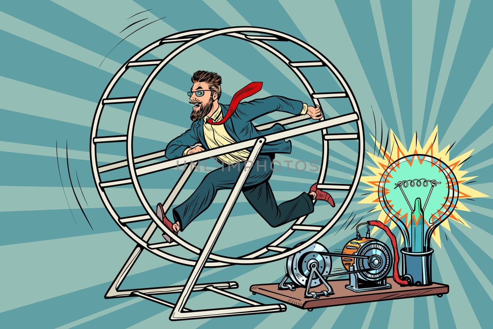 Hipster businessman produces electricity, power generator. Pop art retro comic book vector illustration
