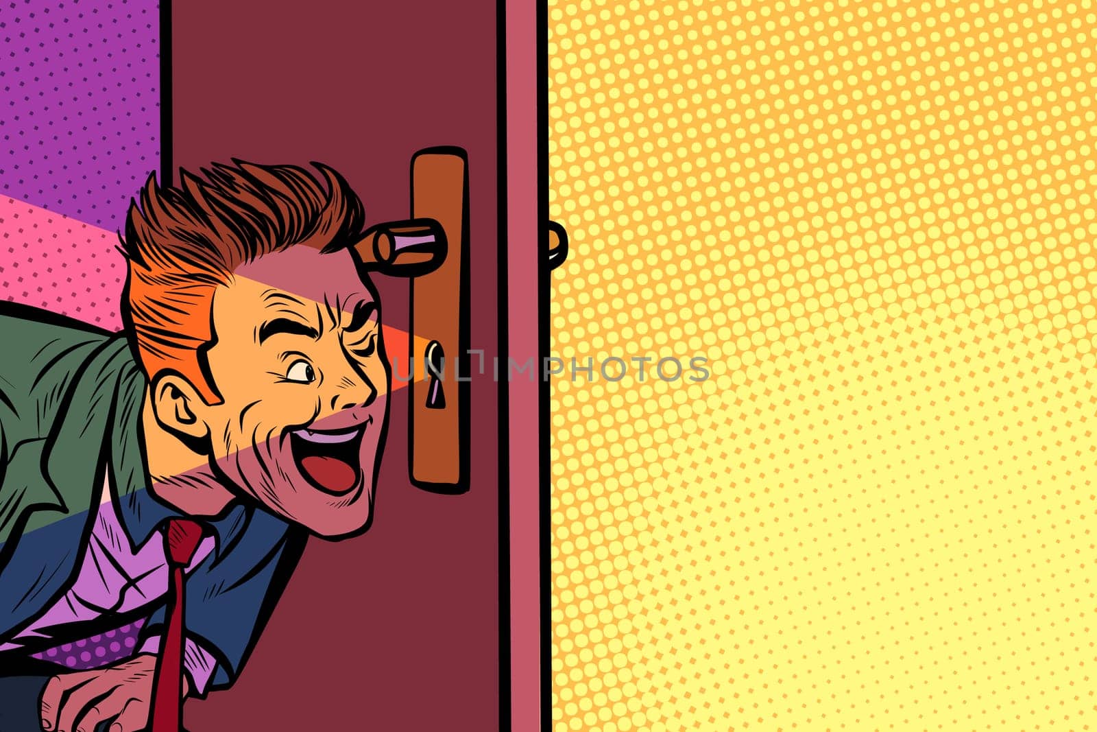 Businessman spying through the keyhole. Pop art retro comic book vector illustration