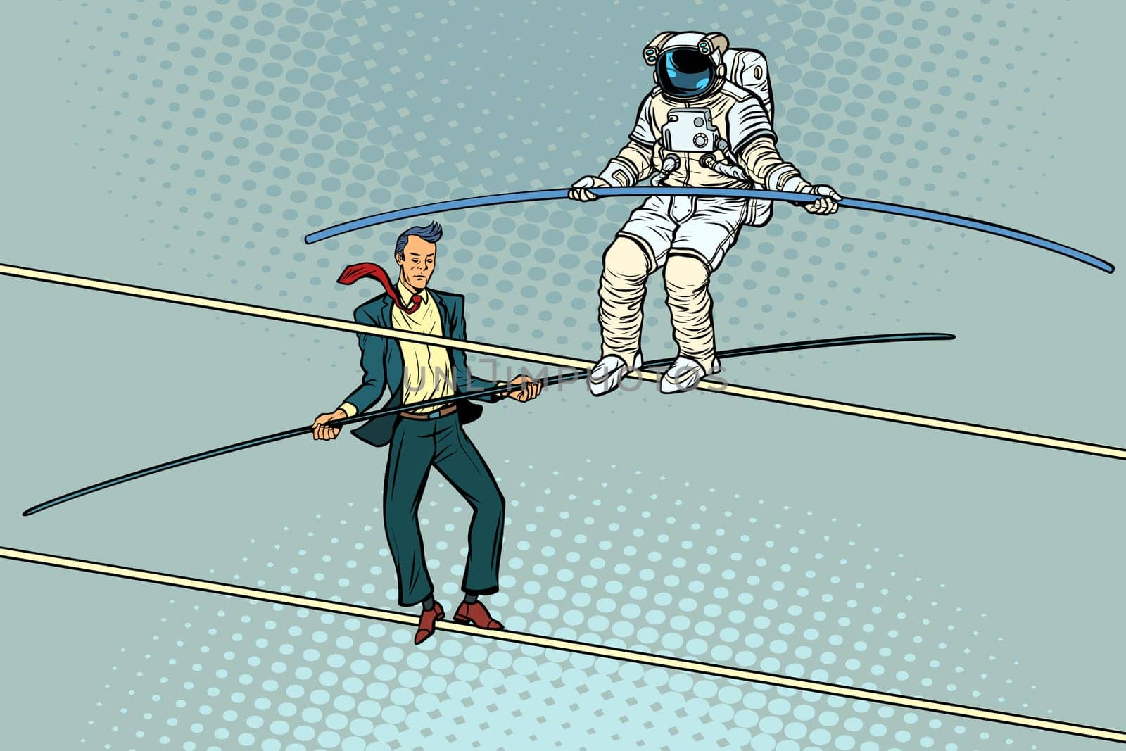 tightrope walkers acrobats businessman and astronaut. Pop art retro vector illustration.