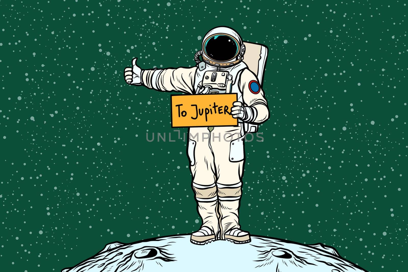 Astronaut hitch rides on Jupiter. Pop art retro vector illustration