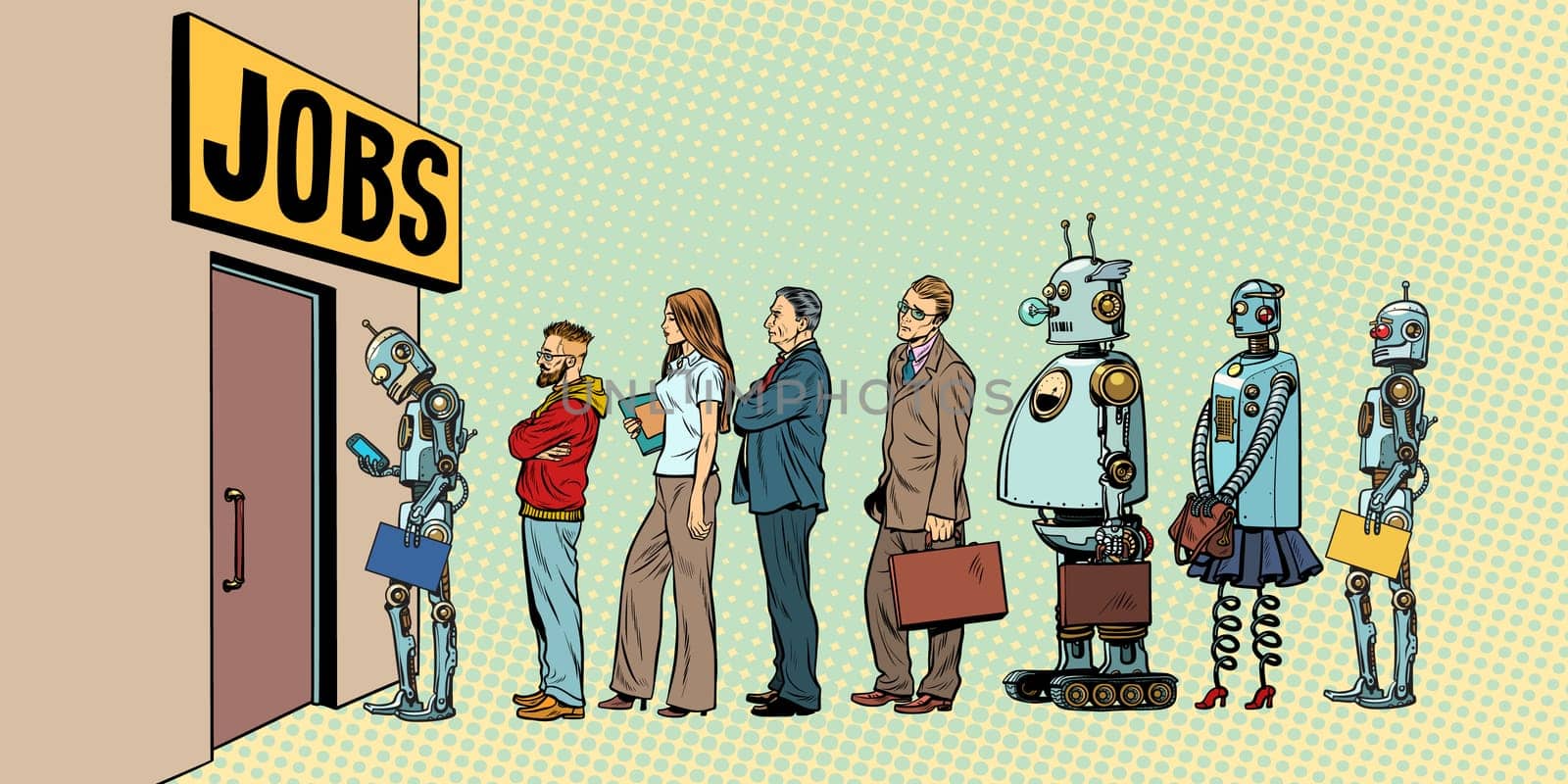 competition of people and robots for jobs. technological revolution. Unemployment in the digital world. Pop art retro vector illustration