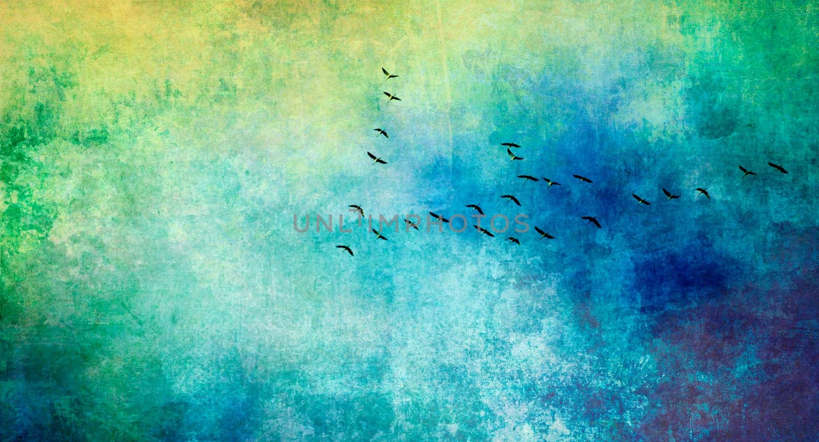 Birds (cranes) on the flight in formation to the south. Photo collage,texture,concept,background,nature,bird migration,phenomenon,migratory birds,sky,journey,narrative.