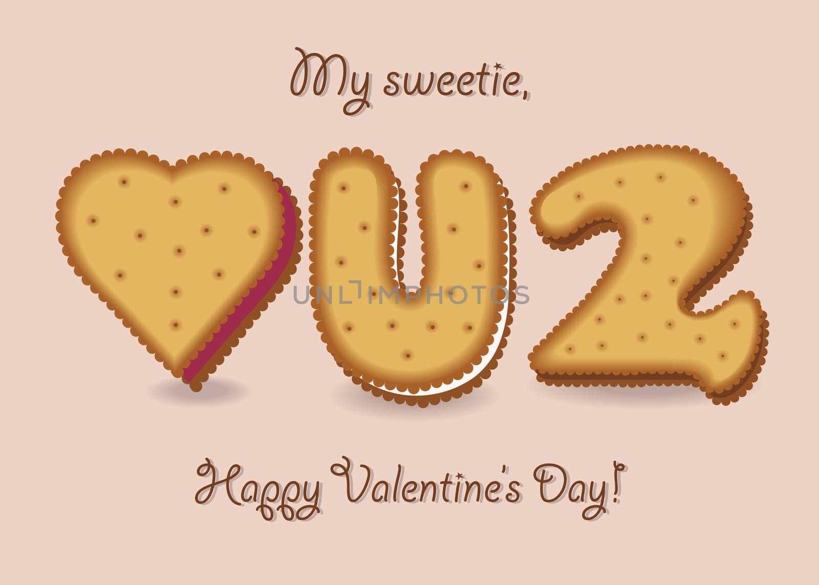 Love you too. Yellow cookies - Heart, letter U and number 2. My sweetie, Happy Valentines Day. Illustration