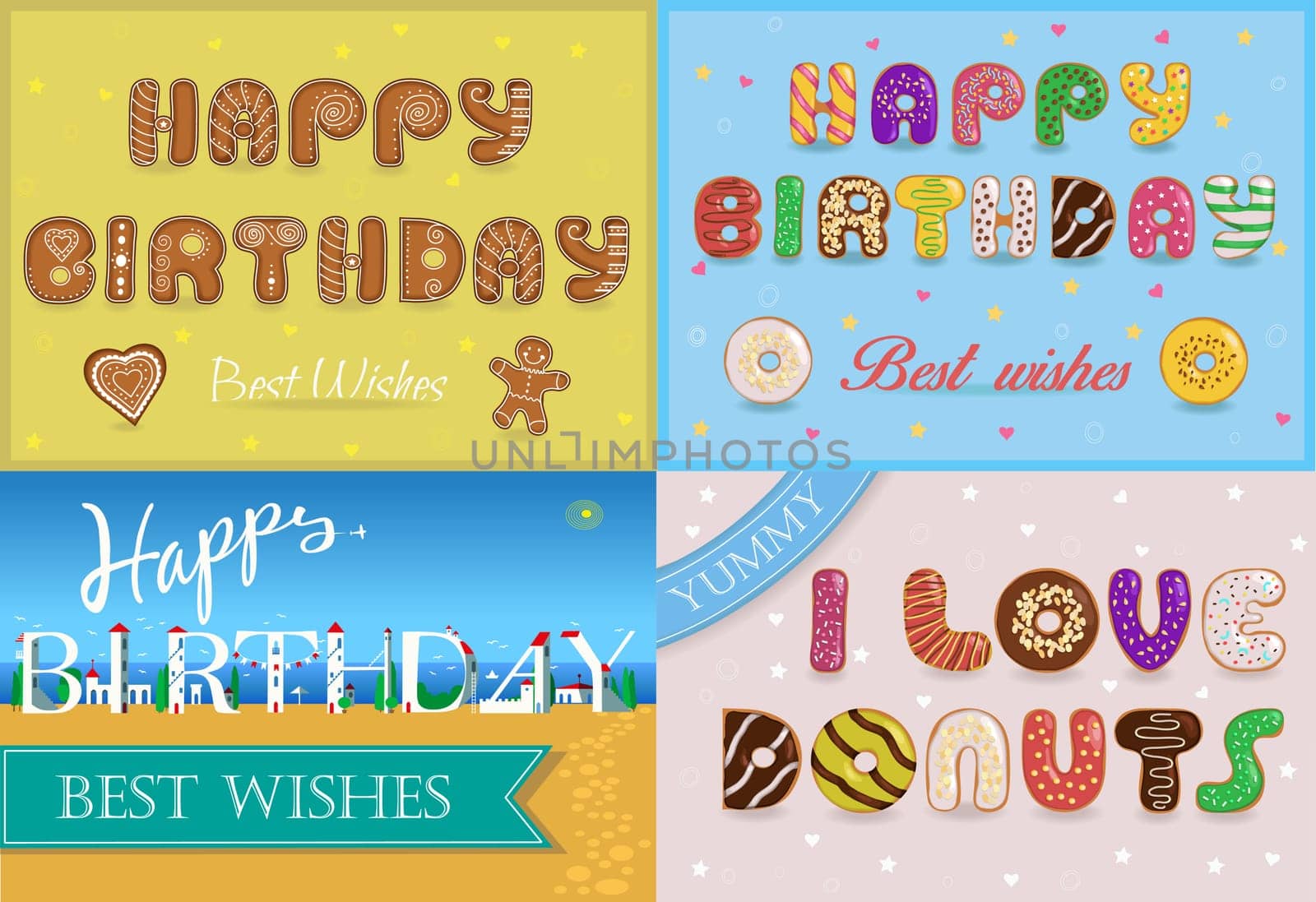 Happy birthday inscription by unusual font. Gingerbread cookies. Colorful donuts. White buildings on the summer beach. Plane in the sky.