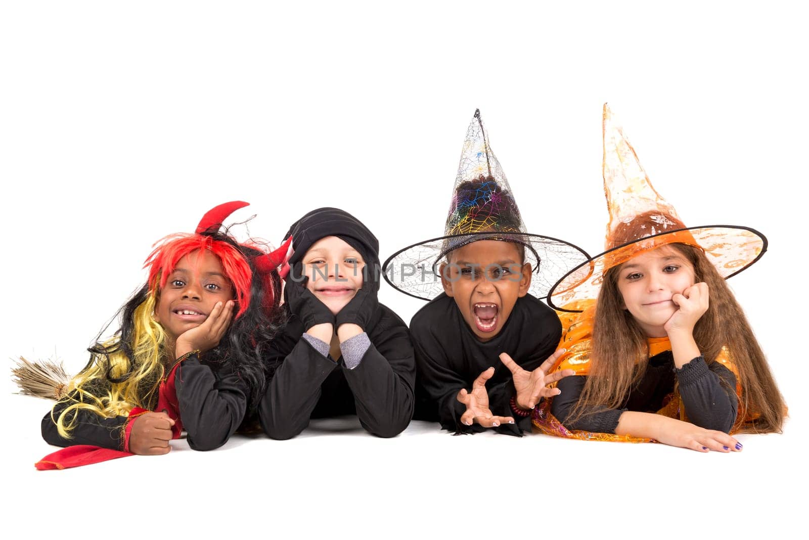 Kids with face-paint and Halloween costumes isolated in white