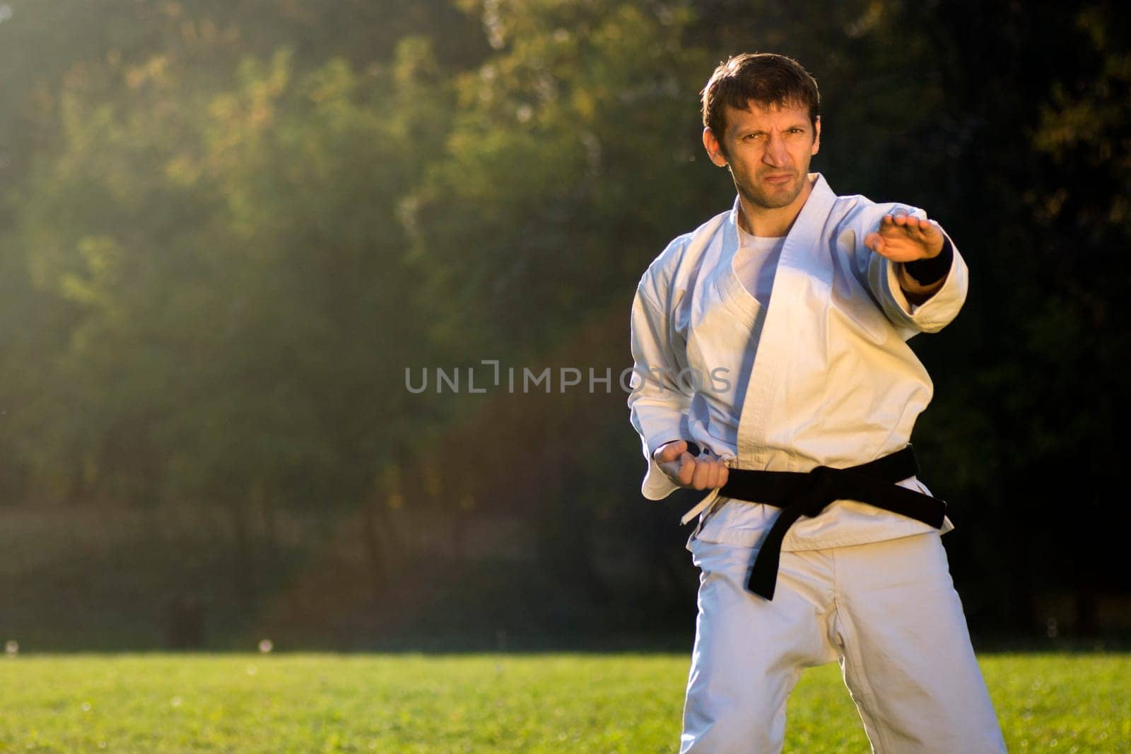 The karate master is practicing outdoors in the park.