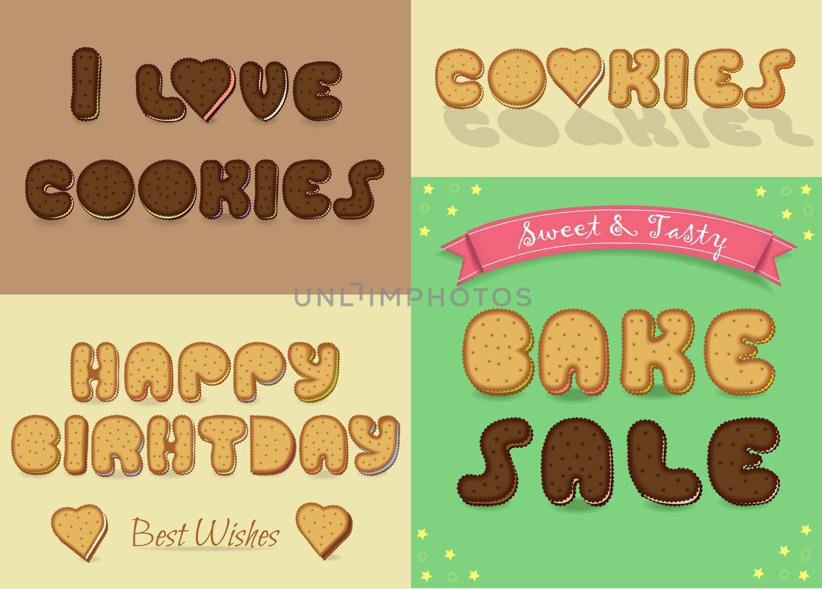 Inscriptions by sweet artistic font. I love cookies. BAke Sale. Happy Birthday. Letters are as chocolate and vanilla biscuits.  illustration