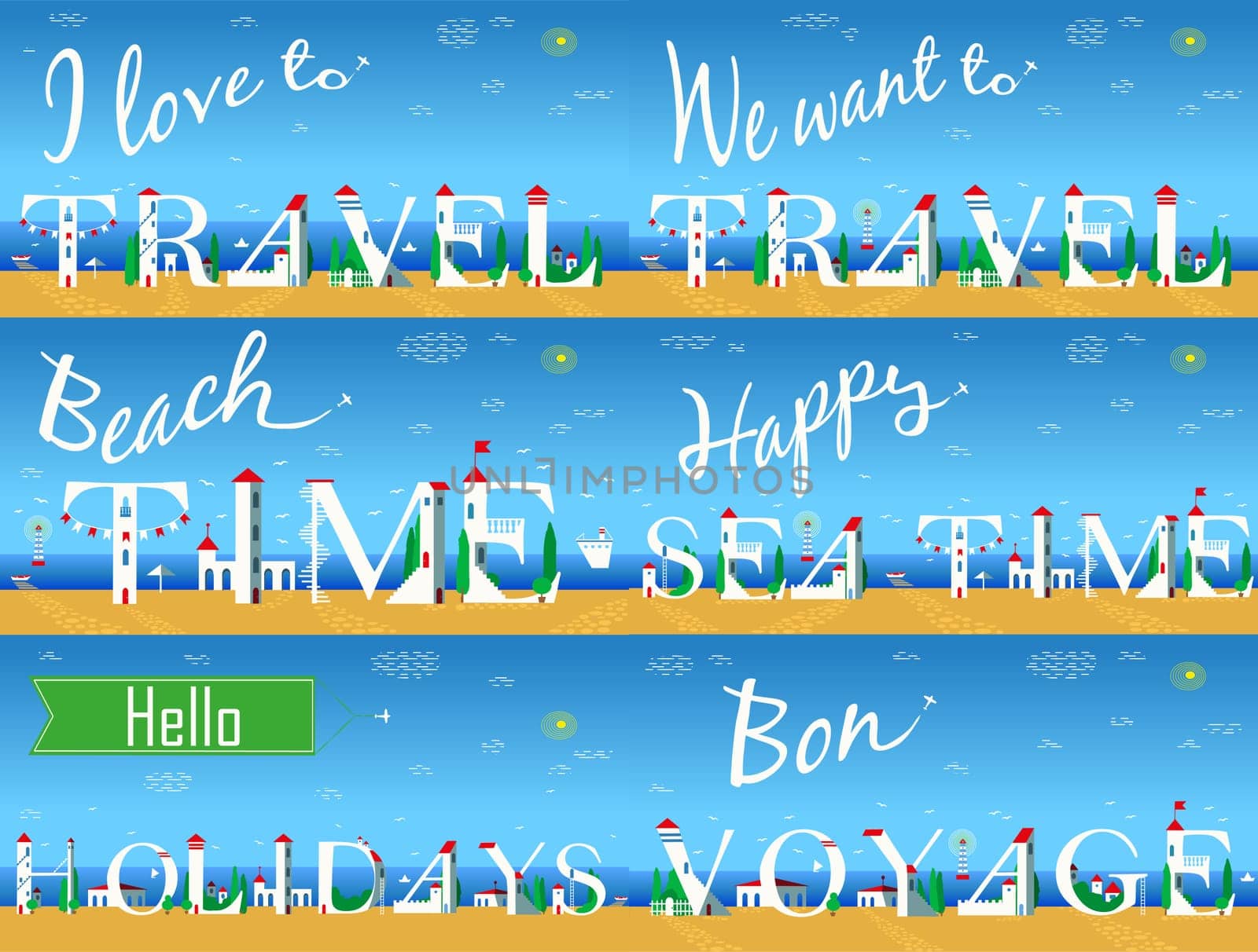 Travel cards. Artistic font. Summer beach. White houses on the coast. Plane in the sky. I love to travel. We want to travel. Beach time. Happy sea time. Hello holidays. Bon voyage.  illustration
