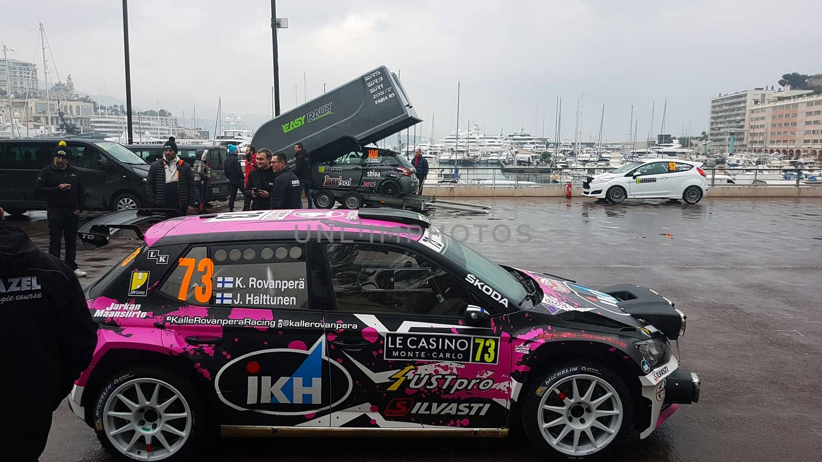 Monte-Carlo, Monaco, January 24, 2018: Skoda Fabia R5 WRC2 Parked on the Port Hercule of Monaco. Car of Driver Kalle Rovanpera. Rallye Monte-Carlo 2018, French Riviera
