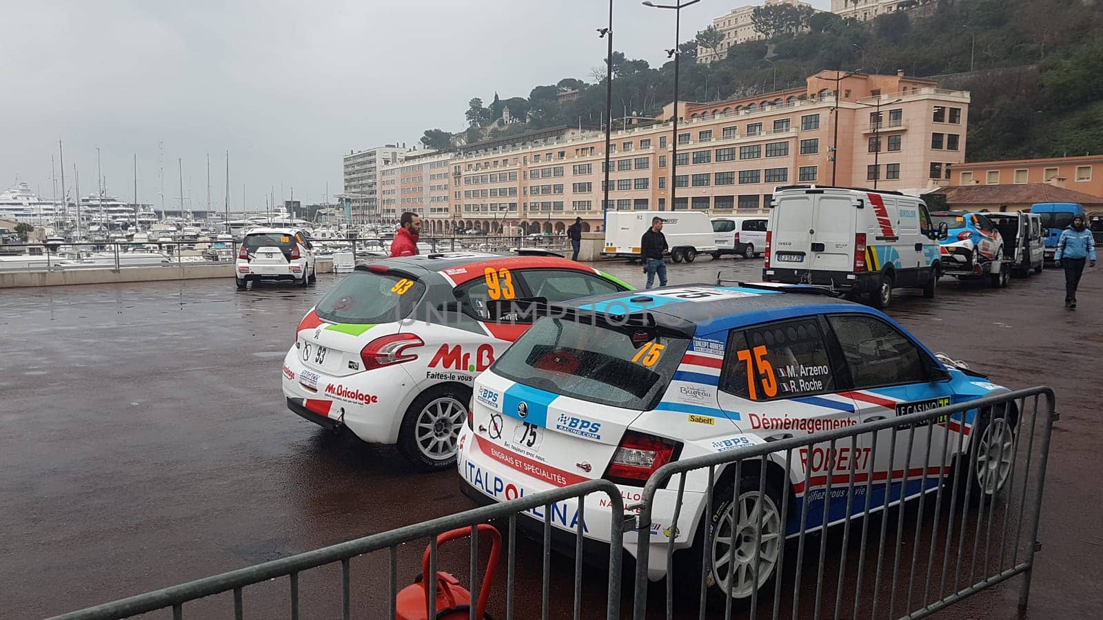 Monte-Carlo, Monaco, January 24, 2018: Skoda Fabia R5 And Peugeot 208 Rally Cars (Rear View) Parked on the Port Hercule of Monaco. Rallye Monte-Carlo 2018, French Riviera.
