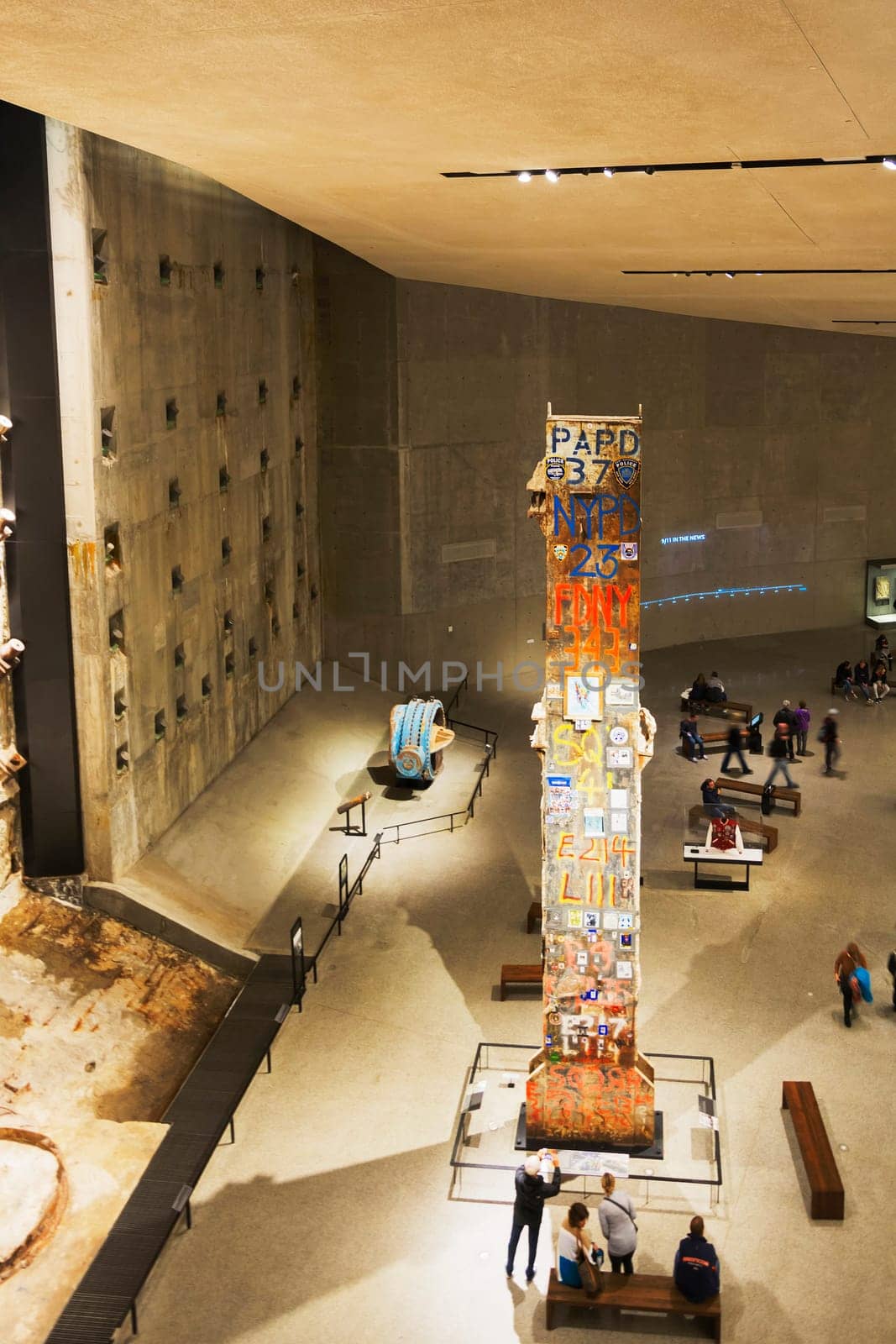New York, USA, november 2016: detailed view of the Twin Tower foundations remains in the National 9-11 Memorial Museum in lower Manhattan, New York