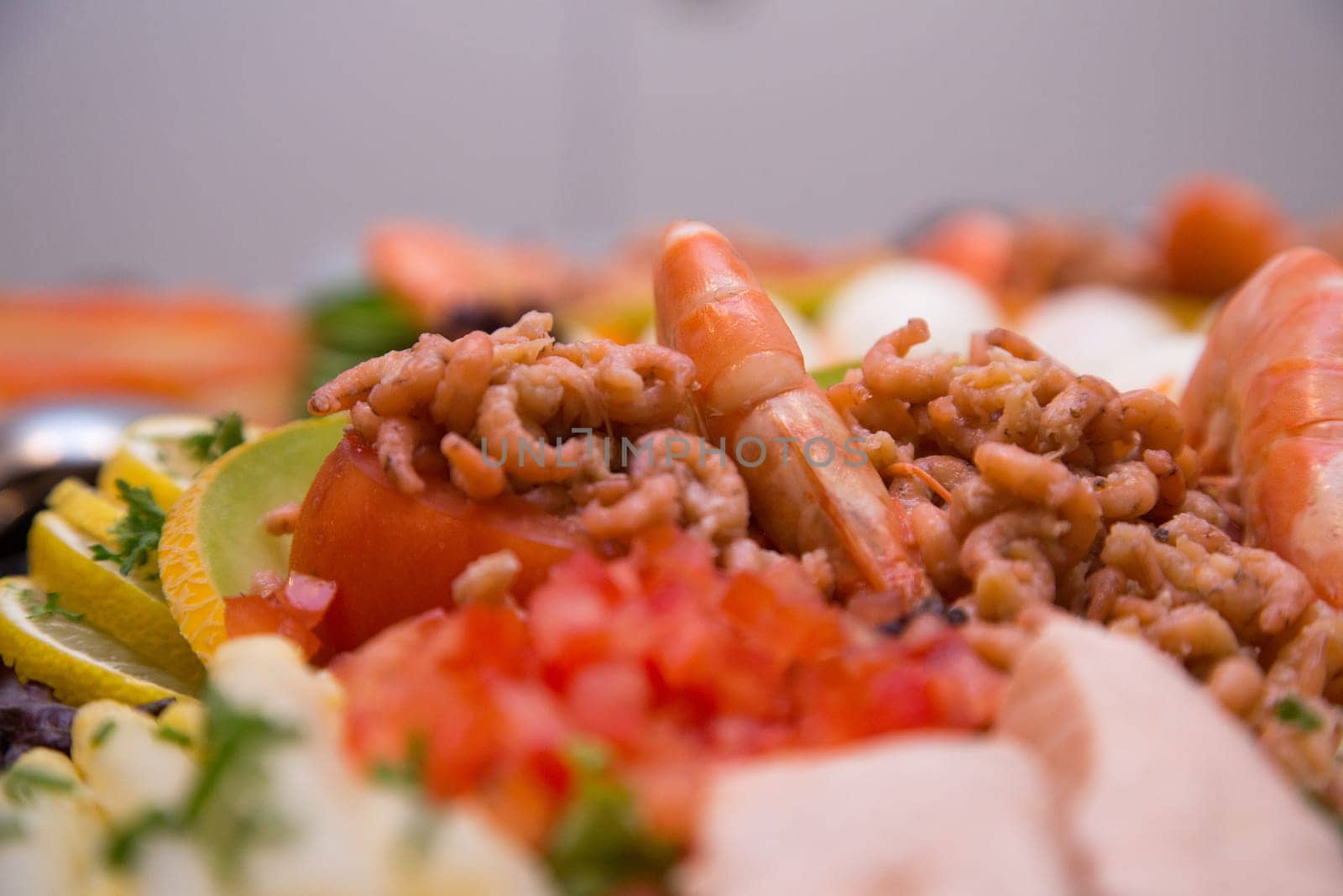 A cold fish buffet with shrimps