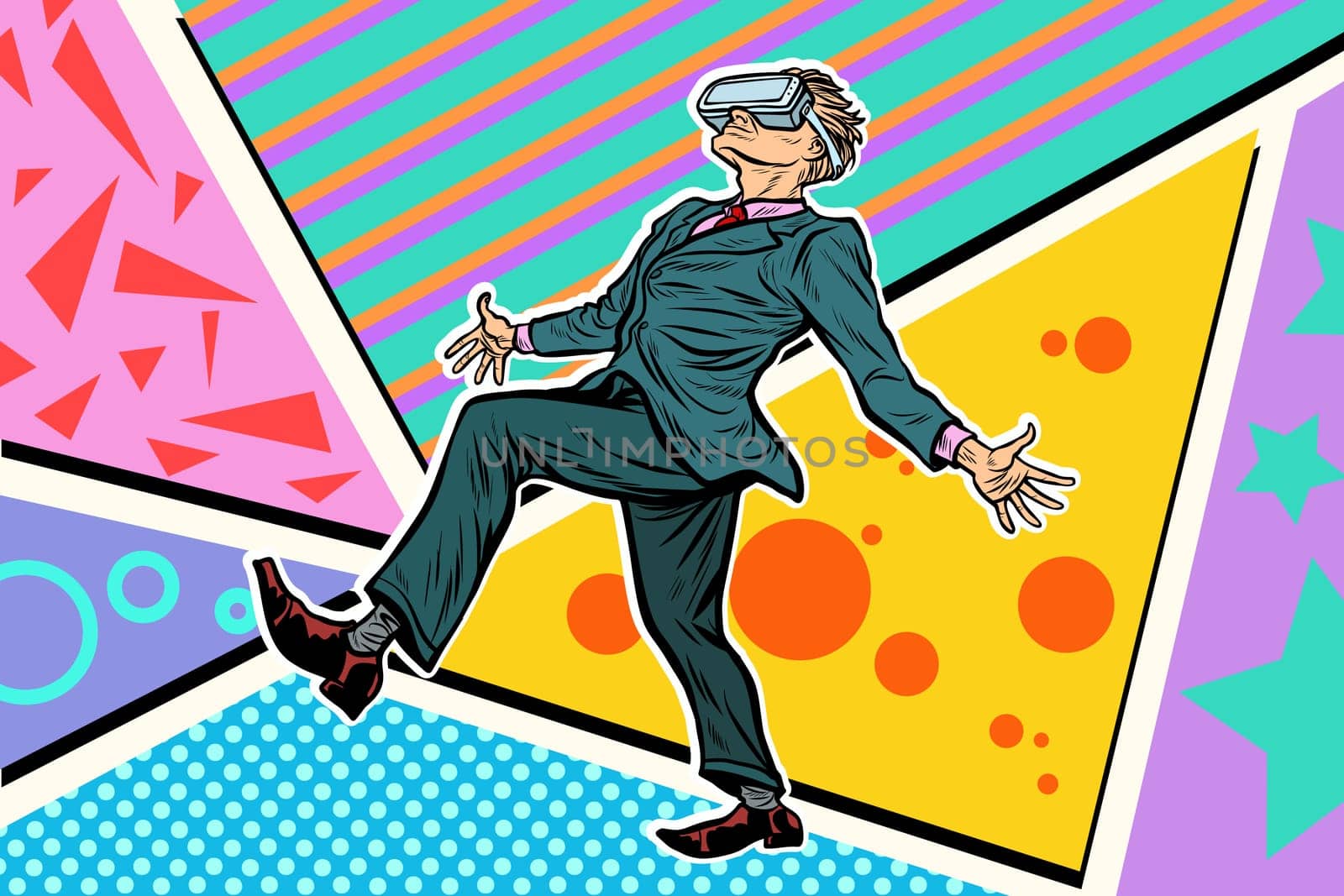 man playing virtual reality VR glasses. Pop art retro vector illustration
