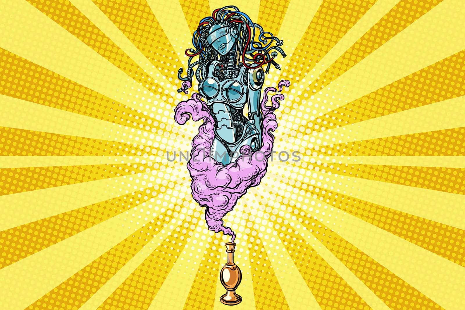 Beautiful woman robot the Genie of the lamp. Pop art retro vector illustration