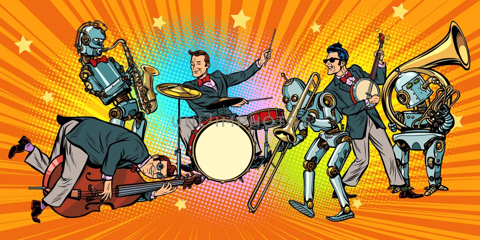 jazz rock n roll band of humans and robots. Pop art retro vector illustration comic cartoon hand drawing