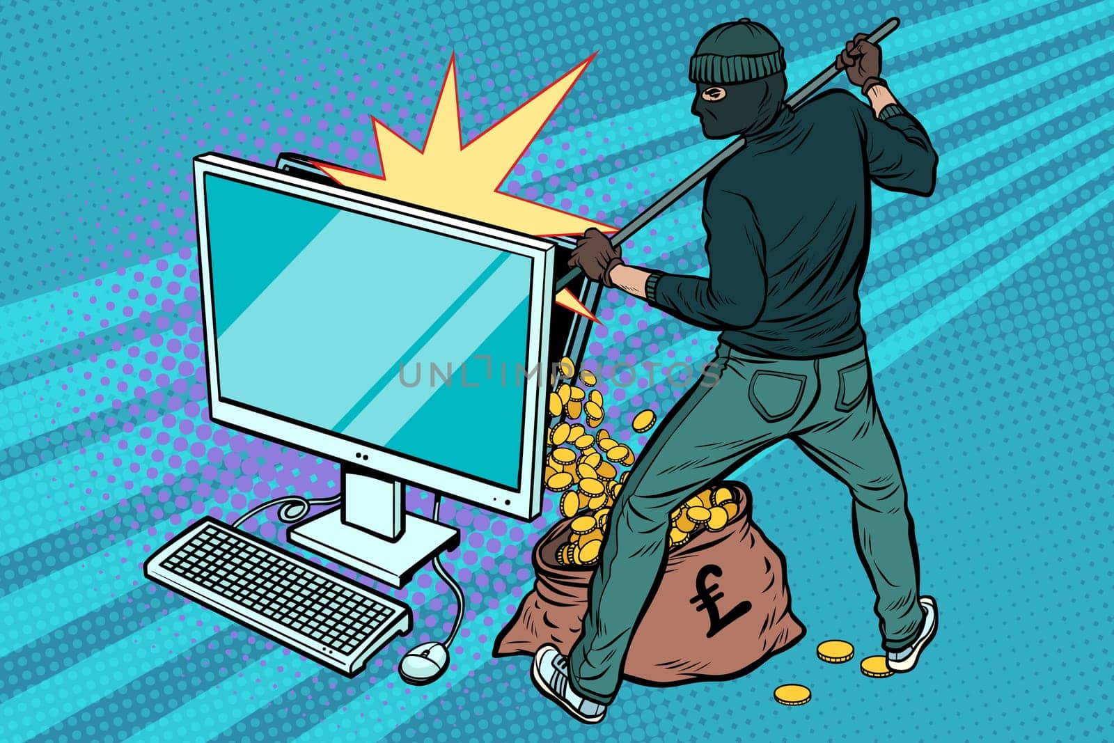Online hacker steals pound money from computer. Pop art retro vector illustration