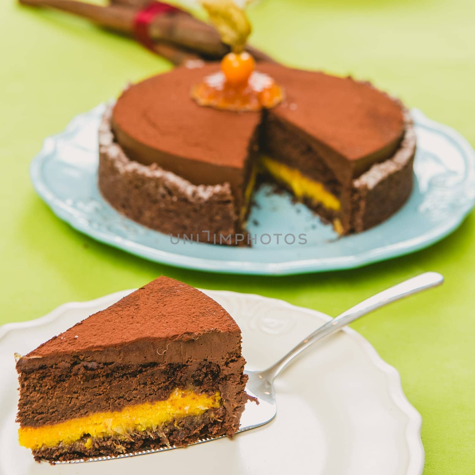 Sweet buffet delicious homemade vegan cake. Warm color. Selective focus.