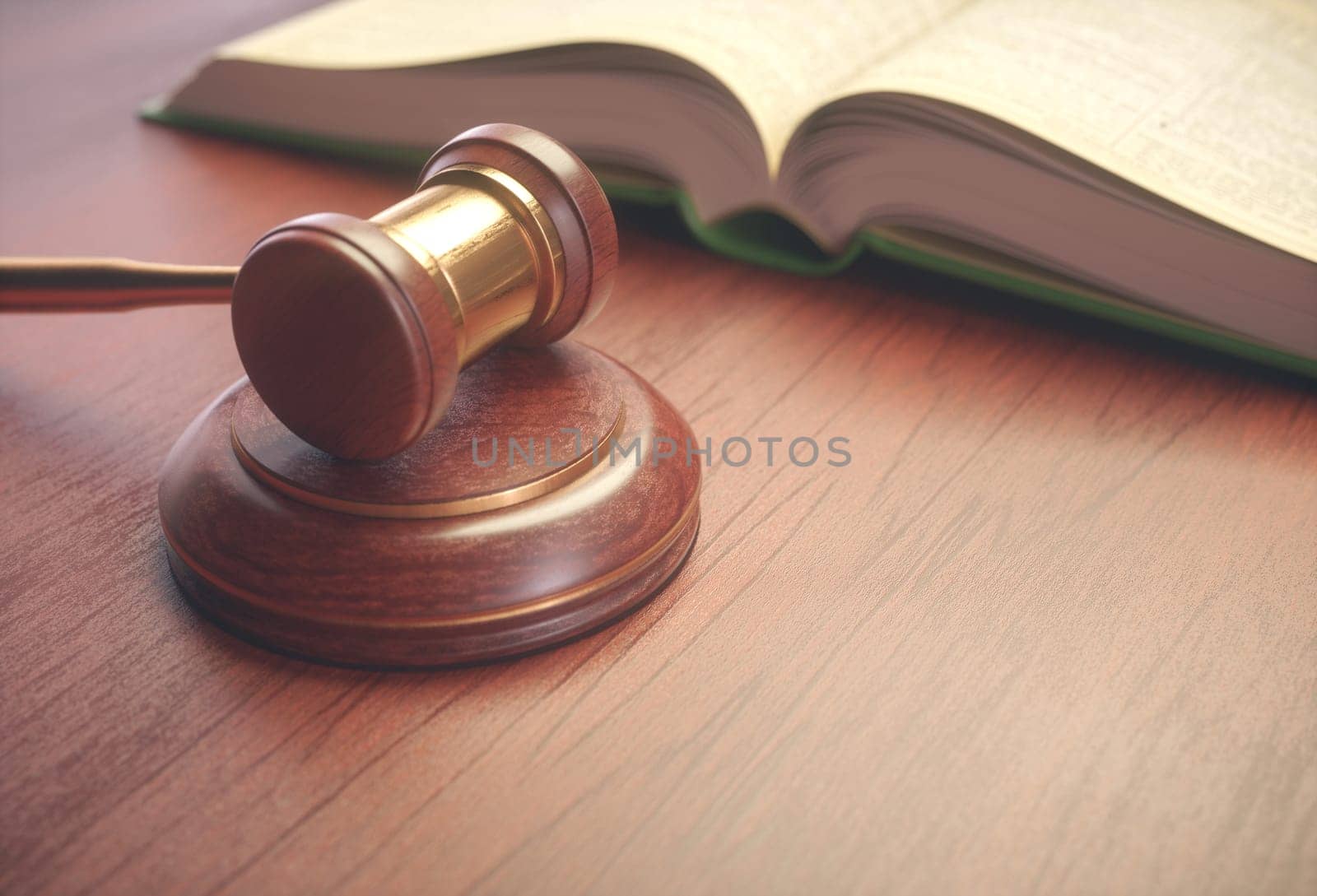 Wooden judge hammer with golden details and a legislation book beside.