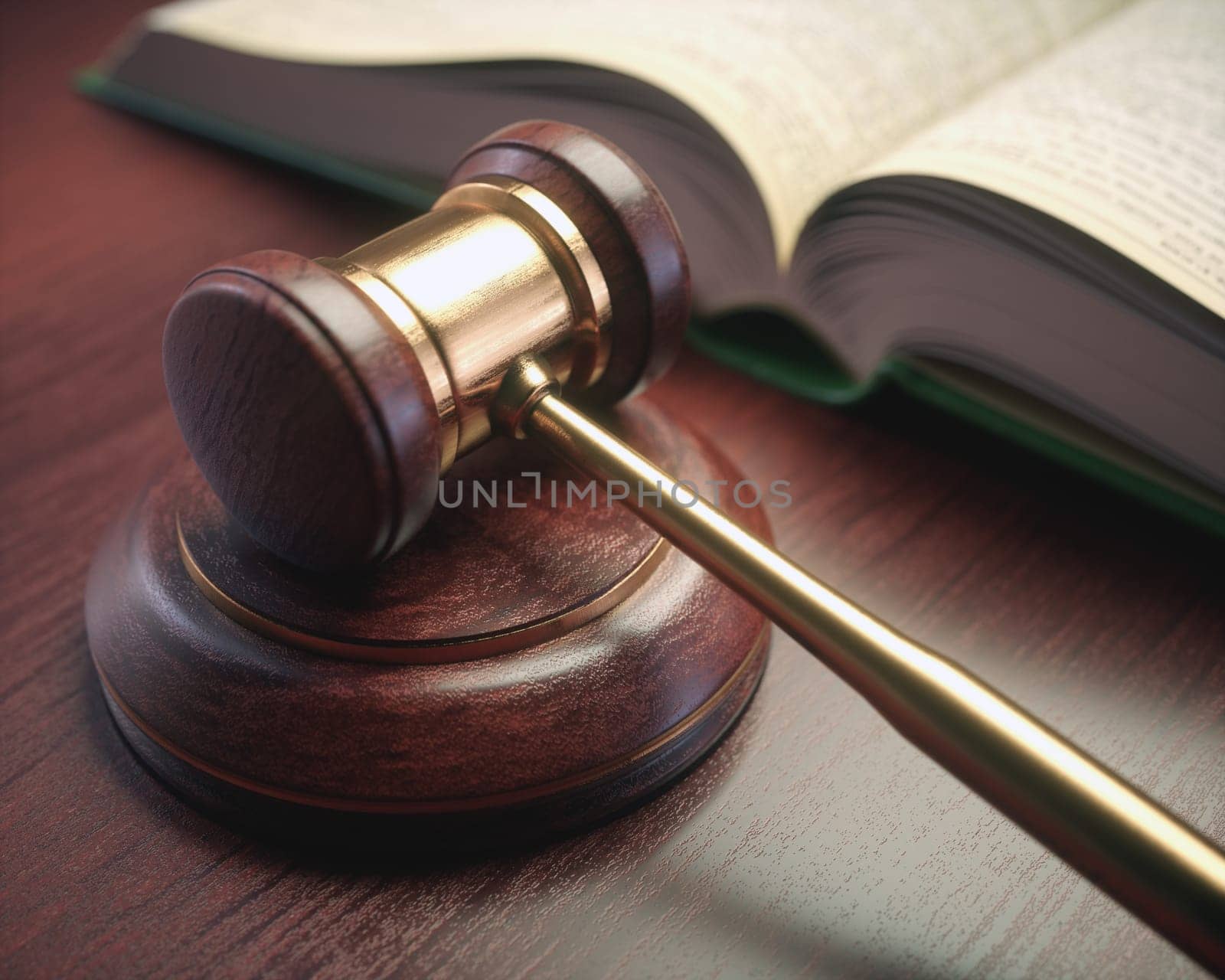 Wooden judge hammer with golden details and a legislation book beside.