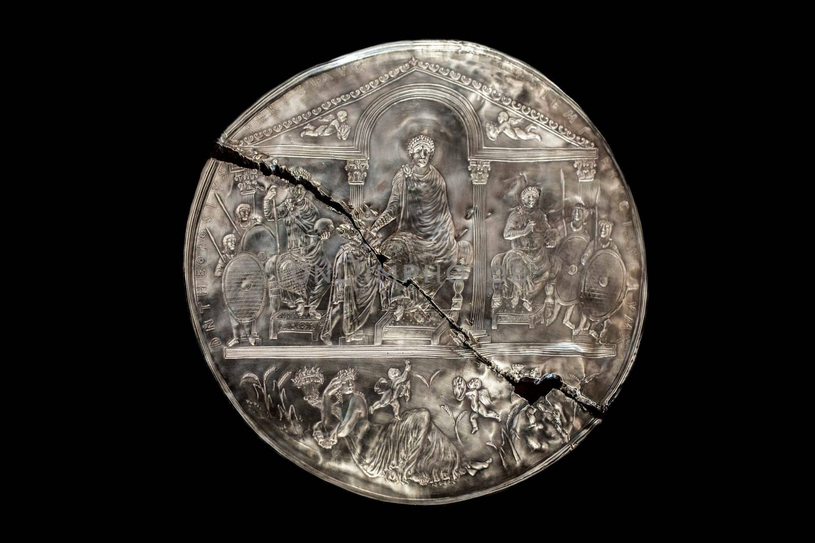 Missorium of Theodosius I enthroned. IV Century Replica piece of ceremonial silver dish found in Almendralejo, Badajoz, Spain