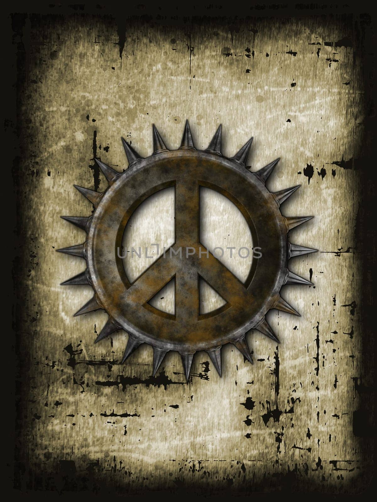 rusty peace symbol with spikes on grunge background - 3d rendering