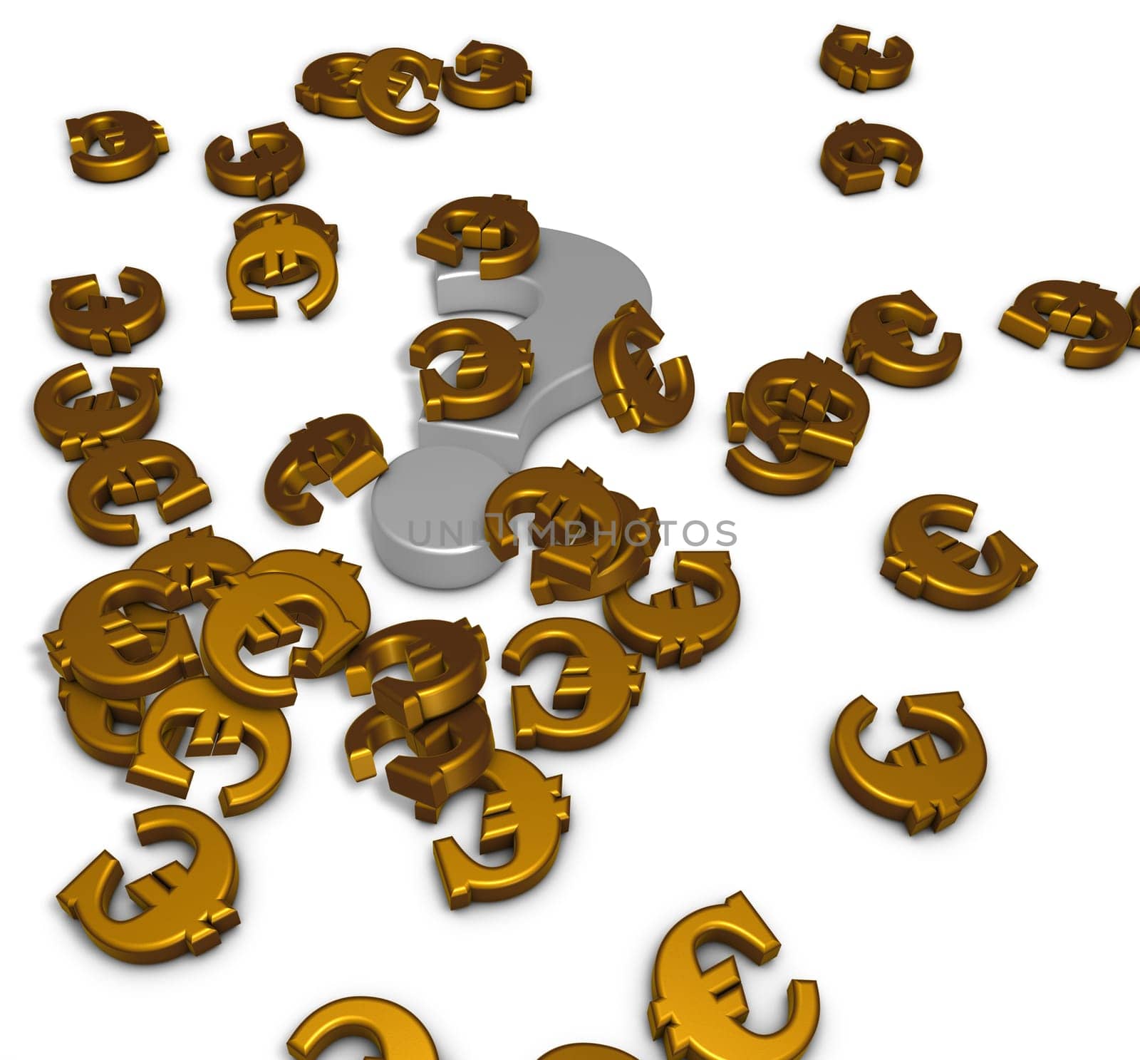 many euro symbols and a question mark lie on a white area - 3d rendering