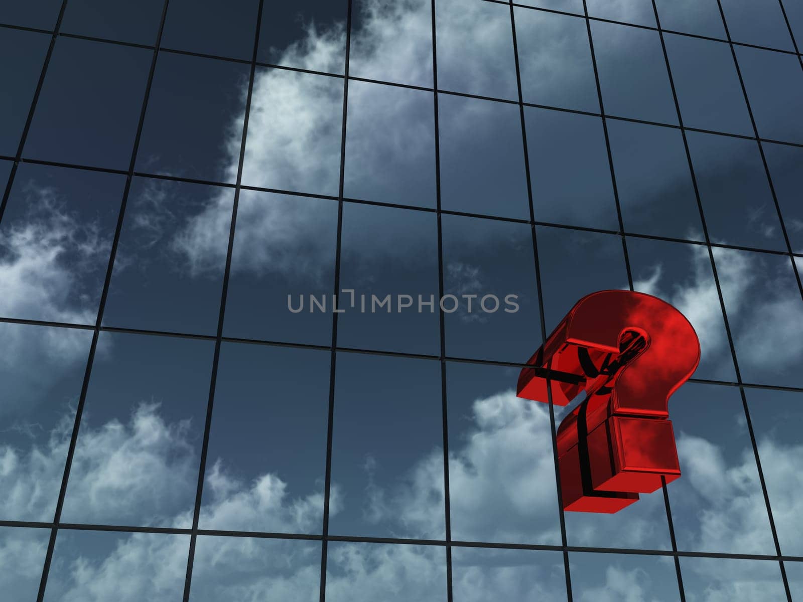 question mark on glass façade in which clouds are reflected - 3d rendering
