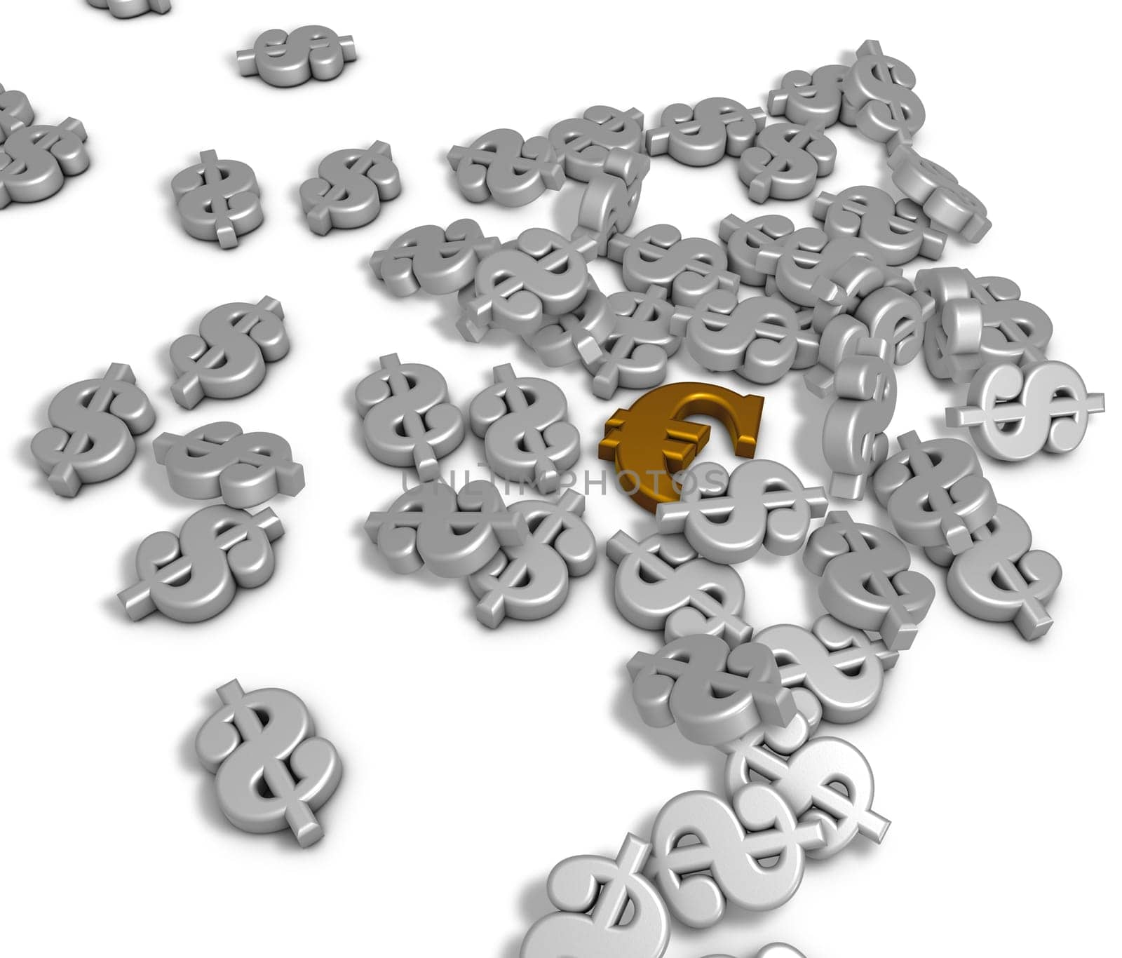 confusion of many dollar symbols and a euro sign on white background - 3d rendering