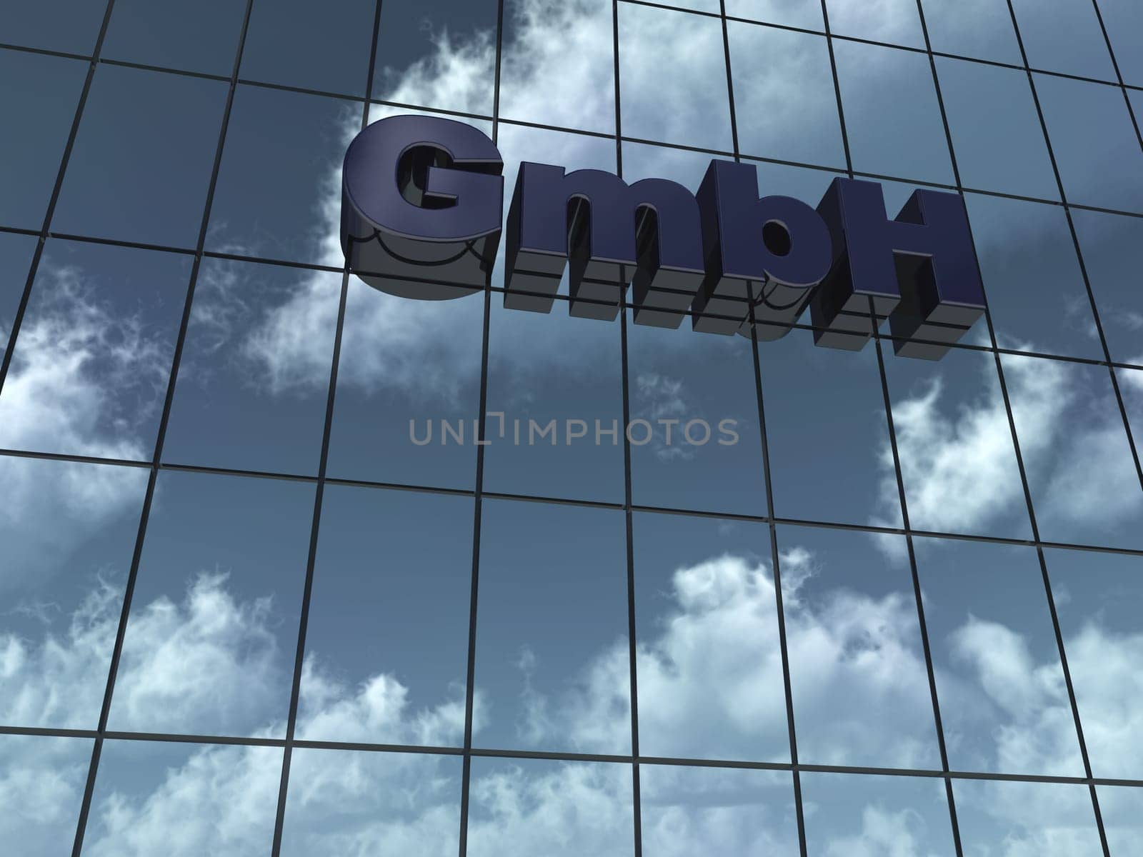 die buchstaben gmbh on glass façade with reflection of clouds - 3d rendering
