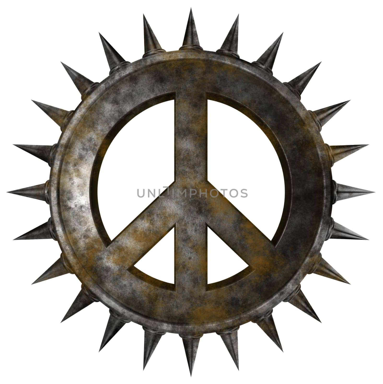 rusty peace symbol with spikes on white background - 3d rendering
