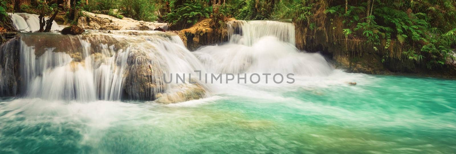 Tat Kuang Si Waterfalls. Beautiful panorama landscape. Luang Prabang, Laos.