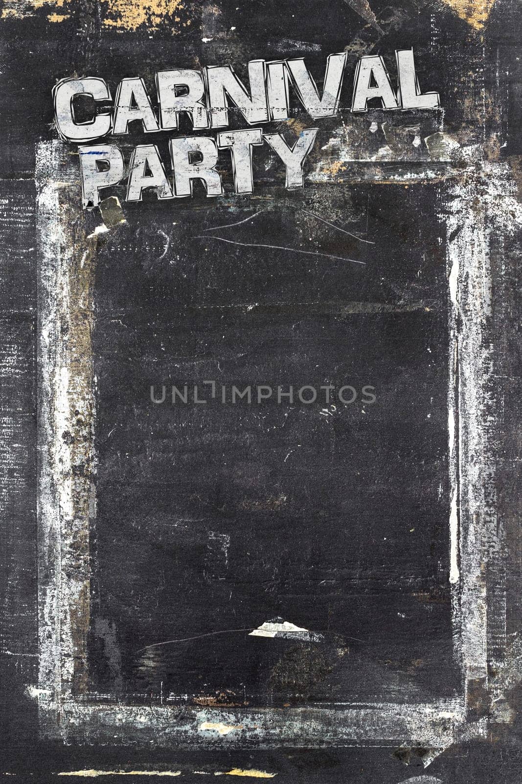 Carnival Party chalkboard background. Weathered and distressed template. Dirty artistic design element, box, frame for text. Doodle frame.