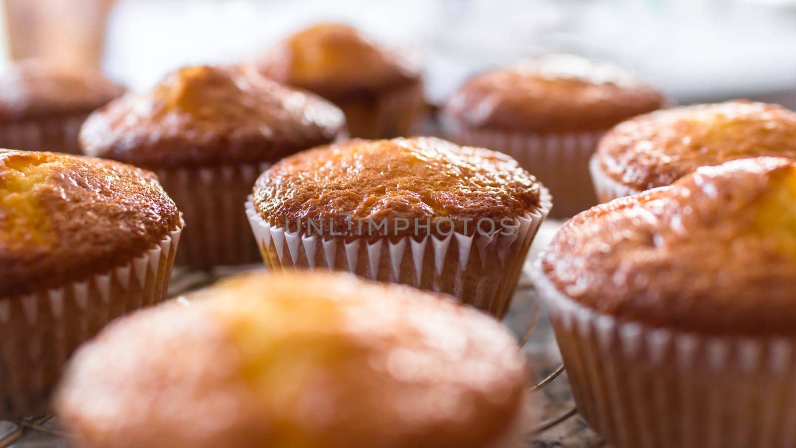 Batch of homemade freshly baked cupcakes or muffins cooling on a wire rack in the kitchen in a close up view with selective focus. Defocused blurry background.